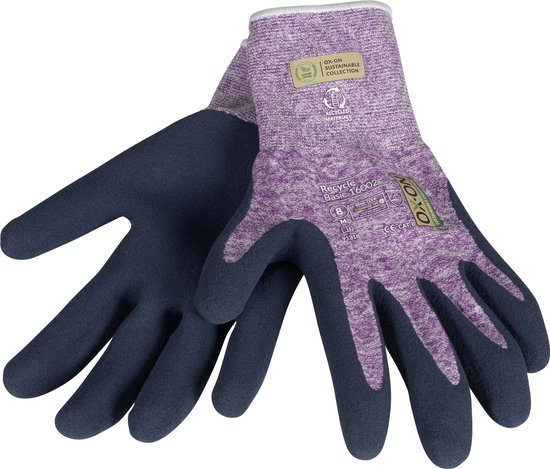 Paar OX-ON Recycle Basic 16002 werkhandschoenen, maat M/8. Lila gebreide stof met donkerblauwe latex coating.