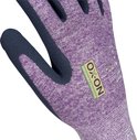 Detail van de OX-ON Recycle Basic 16002 werkhandschoen, maat M/8. Lila gebreide stof met donkerblauwe vingers.