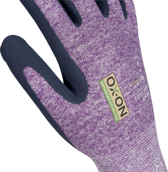 Detail van de OX-ON Recycle Basic 16002 werkhandschoen, maat M/8. Lila gebreide stof met donkerblauwe vingers.