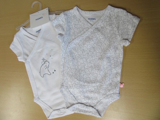 2 pack bodyset Noukie's , wit met grijst , korte mouw 3 maand 62