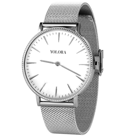 Yolora Dames Horloge met 120 Kalpa Camaka Kristallen - ⌀ 37 mm - Zilverkleurig Edelstaal - 18K Witgoud Verguld - Stainless Steel - Zilver RVS - Vrouwen Sieraden
