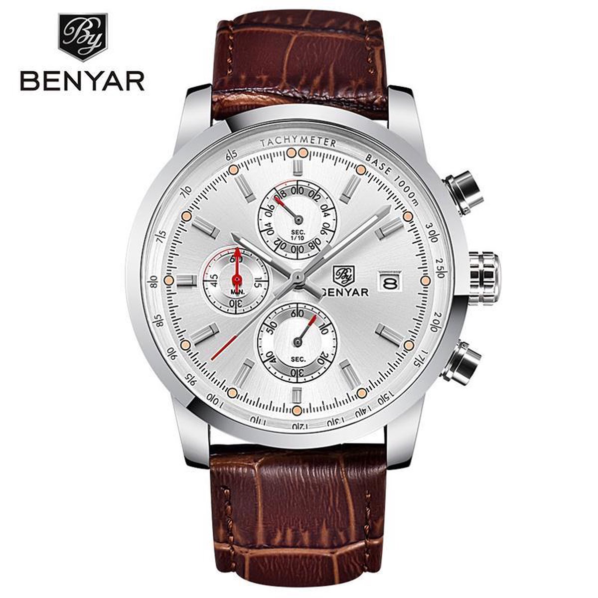 Benyar 5102 Herenhorloge Chronograaf Edelstaal Witte wijzerplaat Lederen band bol