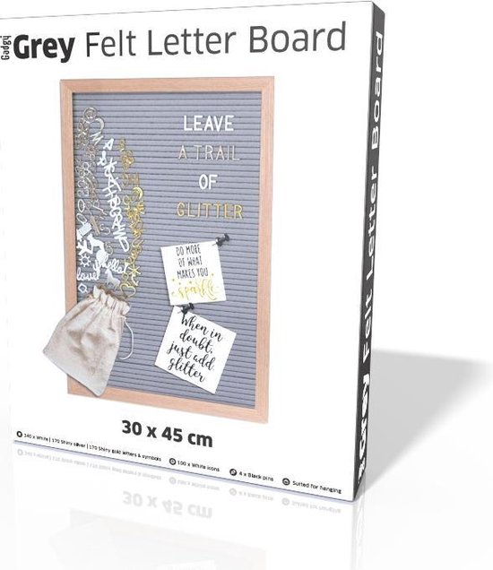 Gadgy Letter board gris feutre - 30x45cm - 170 blanc, 170 or brillant, 170 lettres argent brillant etc. - 100 icônes blanches - 4 punaises - lettres de sac de rangement etc.