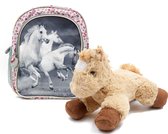 Rugtas Witte Paarden - Peuter Rugzak - 26cm - zilver glitter - Meisjes rugtas - schooltas - incl Paarden knuffel - pluche Pony - licht bruin