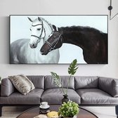 Allernieuwste Canvas Schilderij Zwart en Wit Paard - Dieren - Reproductie - Poster - Kunst - Realistisch - 50 x 100 cm - Zwart Wit