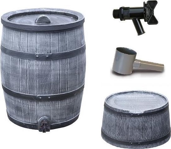 Ensemble de réduction pour baril de pluie | Roto 120 litres gris + vanne de vidange + standard + remplisseuse 70/80mm.