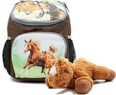 Rugzak Paard en Veulen - 30 x 21 x 11 cm - Bruin - Rugtas Meisjes - rugtas Jongens -incl Paarden knuffel - pluche Pony 22 cm - bruin