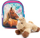 Rugtas bruin Paard - Peuter Rugzak - 29 x 23 x 14 cm - Roze - Meisjes rugtas - schooltas - incl Paarden knuffel - pluche Pony 22 cm - licht bruin