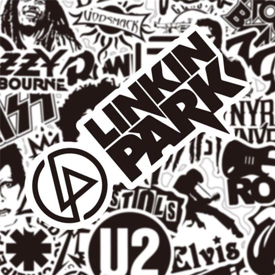 50 zwart wit stickers met bands en artiesten - voor laptop, gitaar, muur etc. - Merkloos
