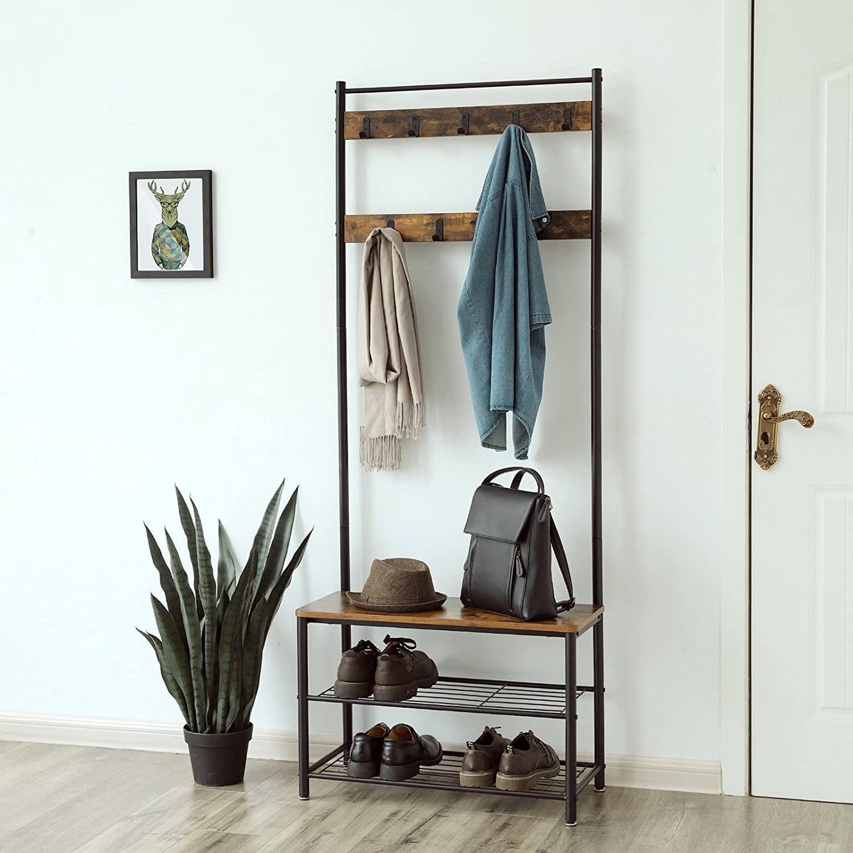 Garderobe, Kapstok Met Schoenendragers, Industrieel Ontwerp, Schoenendrager Met Zitje Voor De Hal, Met Haken, 3 Schappen, Gemaakt Van Hout En Metaal Vintage Donkerbruine Hsr41bx