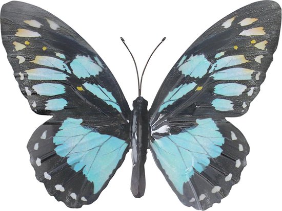 Wanddecoratie - 3D metaal vlinder blauw/zwart - 3D art - voor huis en tuin