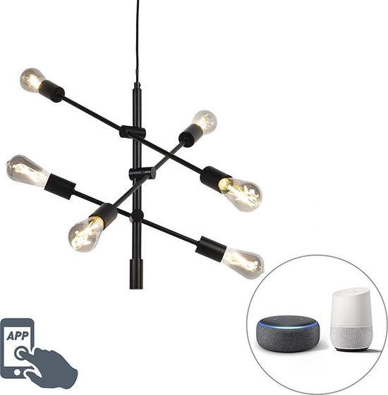 QAZQA sydney - Industriele LED Dimbare Smart Hanglamp incl. wifi met Dimmer voor boven de eettafel | in eetkamer - 6 lichts - Ø 75 cm - Zwart - Industrieel - Woonkamer | Slaapkamer | Keuken