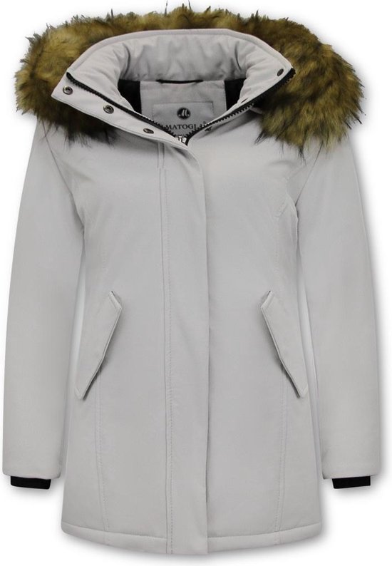 MATOGLA Manteau d'hiver pour femme avec col en imitation fourrure - Coupe slim - Beige