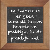 Wijsheden op krijtbord tegel over School met spreuk :In theorie is er geen verschil tussen theorie en praktijk in de praktijk wel
