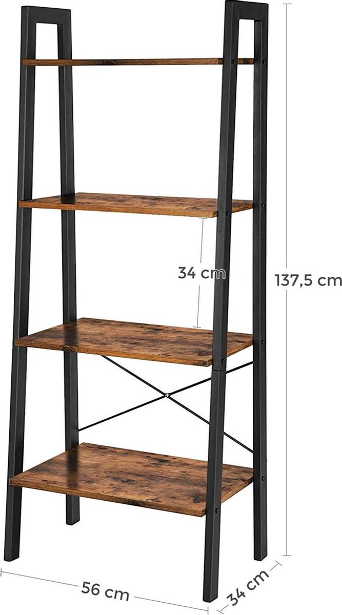 c90 - Staande boekenkast, 4 niveaus ladderrek, stabiel metaal voor het frame, eenvoudige montage, voor woonkamer, slaapkamer, keuken, vintage