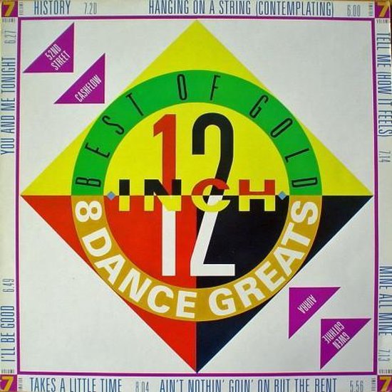 Hoes van 'Best of 12 Inch Gold, 8 Dance Greats Volume 7'. Kleurrijk geometrisch ontwerp met gele, groene, rode en blauwe vlakken.