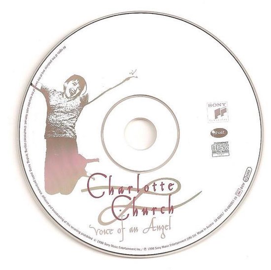 CD met Charlotte Church die springt en danst. De tekst 'Charlotte Church Voice of an Angel' staat erop.