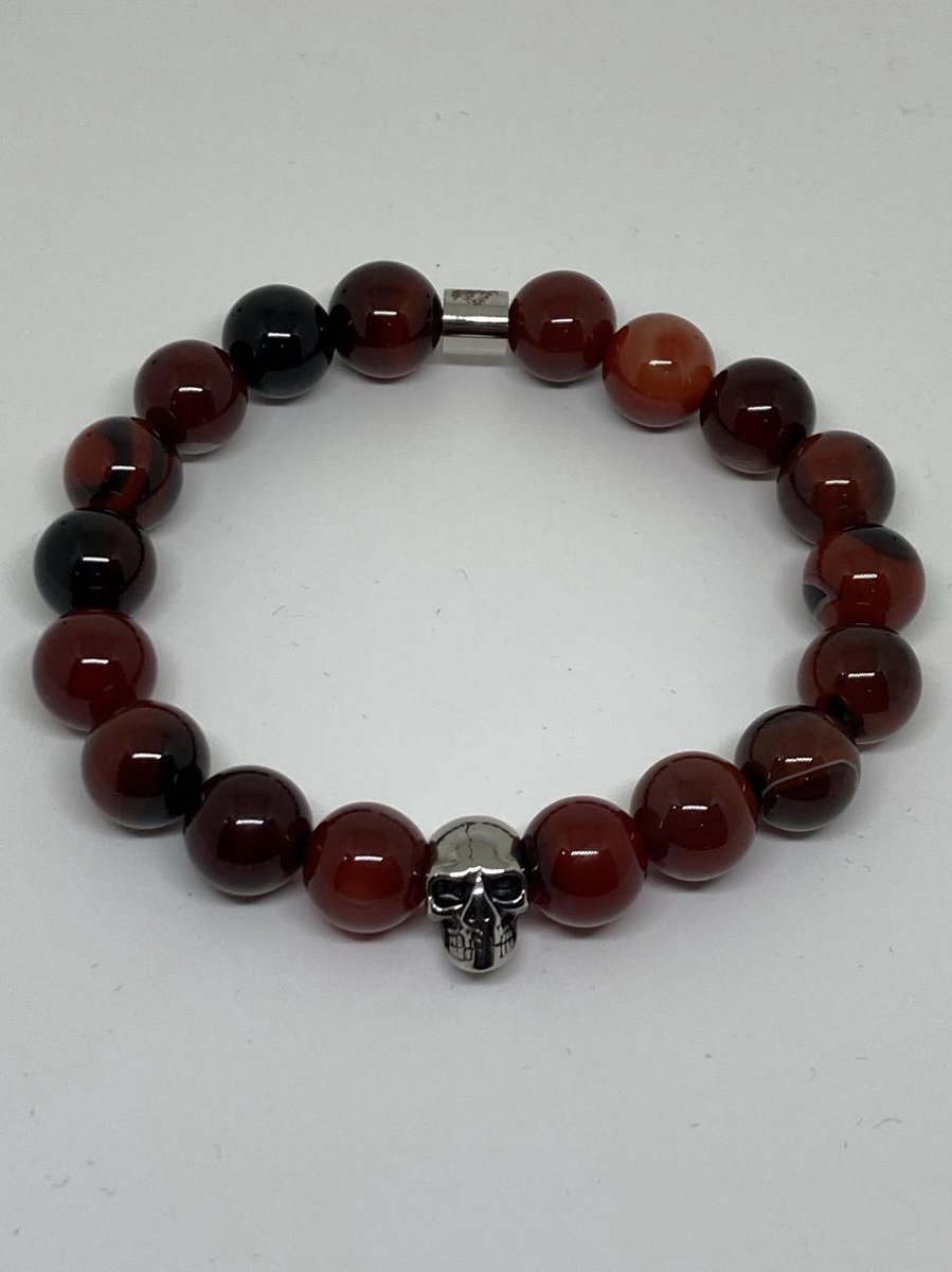 RH-Jewelry. Heren armband. Agaat rood-bruin met stalen skull. maat 21 cm