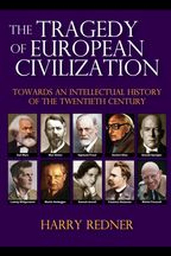 Boek 'The Tragedy of European Civilization' met portretten van 10 mannen en een vrouw. Titel in paars.