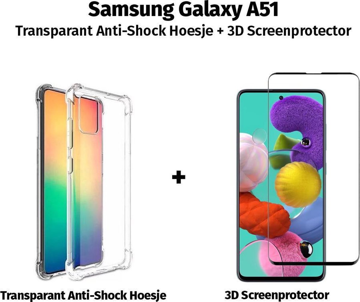 Samsung Galaxy A51 Hoesje Anti Shock TPU Transparant + 3D Screenprotector / Gehard Glas - Display Volledig Beschermd