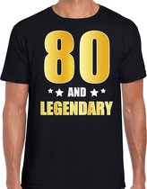 80 and legendary verjaardag cadeau t-shirt / shirt - zwart - gouden en witte letters - voor heren - 80 jaar verjaardag kado shirt / outfit L
