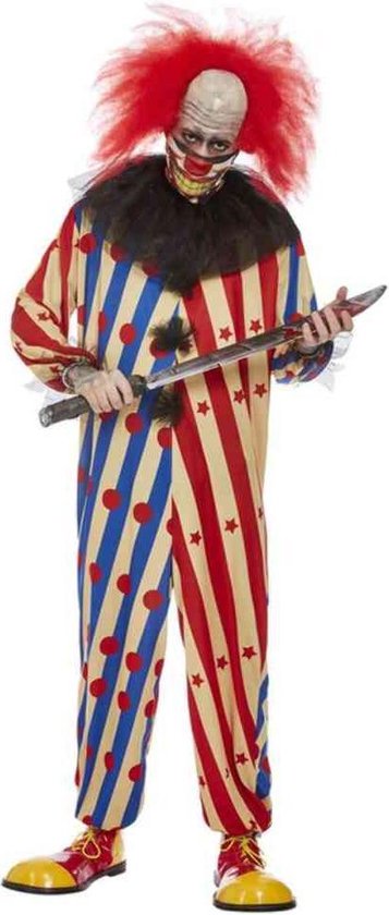 Smiffy's - Monster & Griezel Kostuum - Gestreepte Enge Clown - Man - Blauw, Rood, Wit / Beige - Large - Halloween - Verkleedkleding