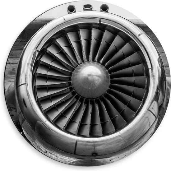 Dibond Wandcirkel - Motor van Vliegtuig in Zwart Wit  - 50x50cm Foto op Aluminium Wandcirkel (met ophangsysteem)