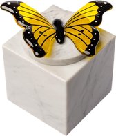 Cubos Urn Wit Met Vlinder - Vierkante Mini Urn Van Wit Marmer Met Een Sierlijke, Gele Vlinder Van Glas
