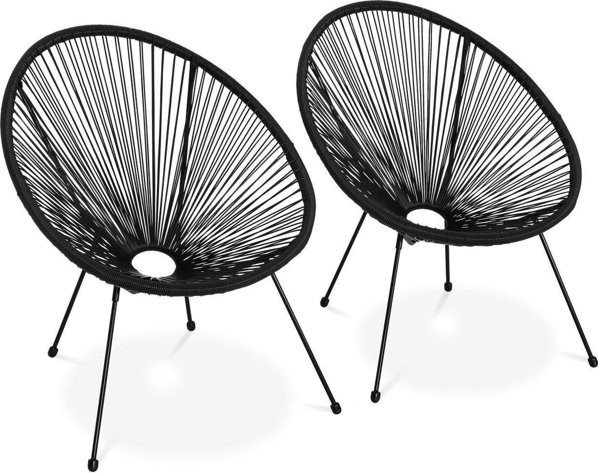 Set van 2 design stoelen ei-vormig - Acapulco Zwart - Stoelen 4 poten retro design, plastic koorden, binnen/buiten