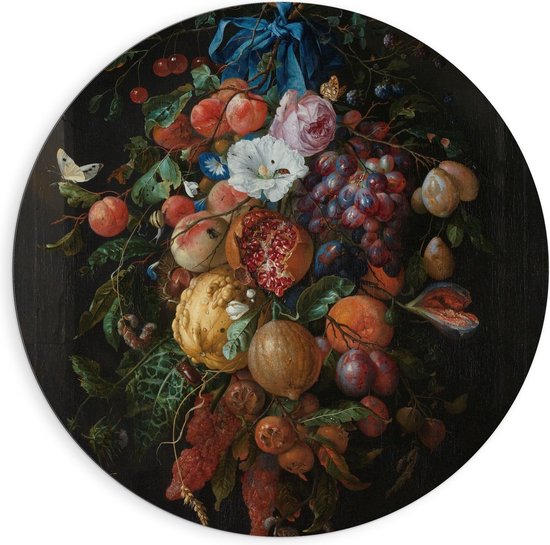 Dibond Wandcirkel - Oude meesters - Festoen van vruchten en bloemen, Jan Davidsz. de Heem - 90x90cm Foto op Aluminium Wandcirkel (met ophangsysteem)