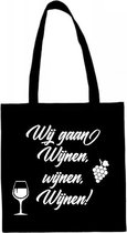 Shopper met opdruk “Wij gaan wijnen wijnen wijnen” Zwarte tas met witte opdruk.