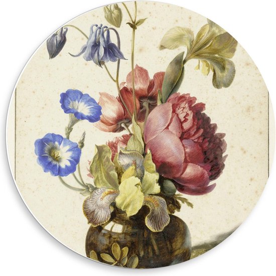 Forex Wandcirkel - Oude meesters - Bloemen in een fles, Dirck de Bray, 1674 - 50x50cm Foto op Wandcirkel (met ophangsysteem)