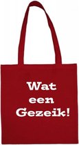 Shopper met opdruk “Wat een gezeik” Rode tas met witte opdruk.