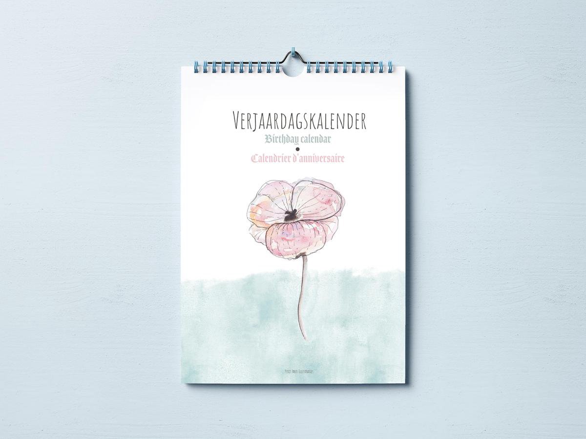 Verjaardagskalender - kalender - A4 - wandkalender - aquarel bloemen