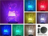 Peppa big nachtlampje. Tafelnachtlamp Peppa op de fiets. 3D Illusie LED nachtlamp Peppa big. 7-kleurig