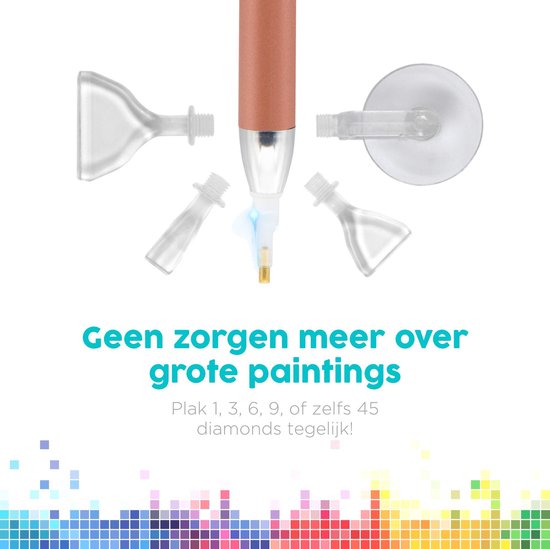 Un stylo de peinture diamant couleur cuivre avec quatre embouts transparents : plat, pointu et ventouse.
