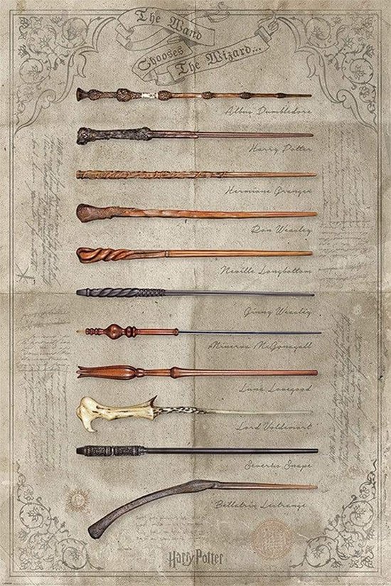 Affiche avec les baguettes d'Albus Dumbledore, Harry Potter, Hermione Granger, Ron Weasley, Neville Londubat, Ginny Weasley, Minerva McGonagall, Luna Lovegood, Lord Voldemort, Severus Rogue et Bellatrix Lestrange.