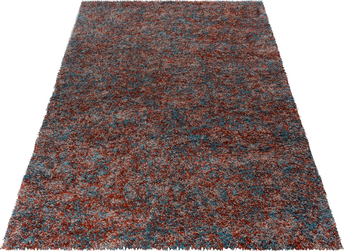Hoogpolig vloerkleed, gemêleerd patroon, terracotta kleur, vloerkleed voor de woonkamer, jute achterkant, afmeting: 80 x 150 cm