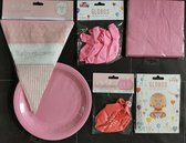 Babyshower Versiering Pakket - Baby Shower Set - Geboorte Cadeau Meisje - Folieballon / Vlaggenlijn / Afzetlint / Roze en Babyshower Balonnen / Servetten / Roze borden  - Kraamfees
