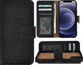 Iphone 12 Hoesje - Leder Bookcase - iPhone 12 Book Case Wallet Echt Leer Croco Zwart Cover