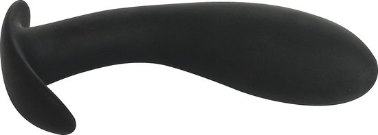 Zwarte Banoch buttplug met subtiele curve en een brede, platte flens.