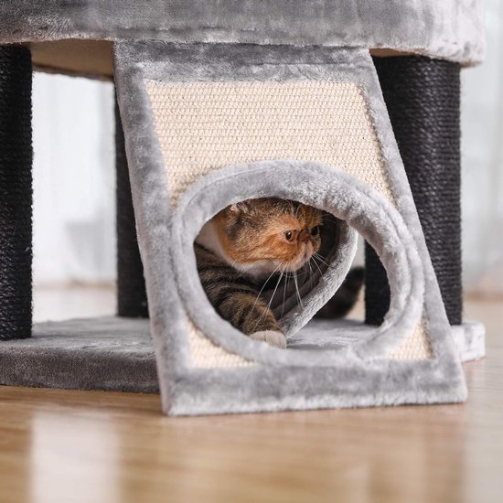 XXL Luxe Stevige Katten Krabpaal Voor Katten - Stevig Krabmeubel Met Hangmat Mand Katten Huis Tunnel & Speel Touw - Grote Krab Paal Klimpaal - 92 CM Hoog - Grijs/Zwart