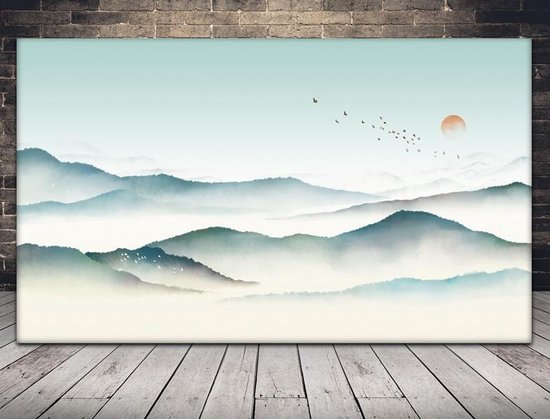 Uitzicht landschap met vogels in de bergen en zonsondergang Canvas 150 x 100 cm