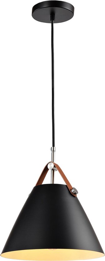 QUVIO Hanglamp modern / Plafondlamp / Sfeerlamp / Leeslamp / Eettafellamp / Verlichting / Slaapkamer lamp / Slaapkamer verlichting / Keukenverlichting / Keukenlamp - Kegel met leren riempje - Diameter 27 cm
