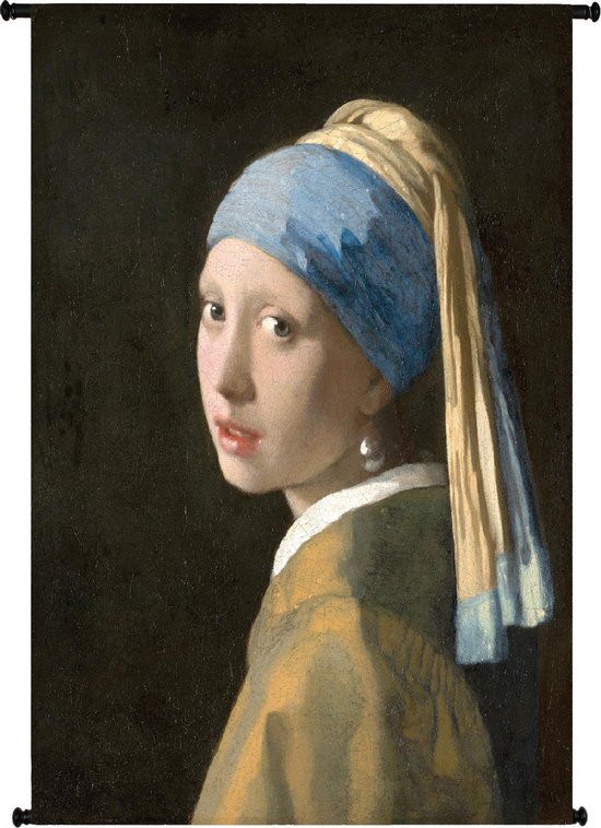 Meisje met de parel, geschilderd door Vermeer, met blauwe en gele hoofddoek, grote parel en gele jas.