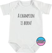 RompertjesBaby - A champion is born! - maat 86/92 - korte mouwen - baby - baby kleding jongens - baby kleding meisje - rompertjes baby - rompertjes baby met tekst - kraamcadeau mei