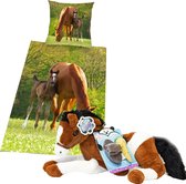 Dekbedovertrek Merrie met Veulen , 1persoons dekbed , 135x200, incl. grote paarden knuffel - 60 cm -bruin/wit ,