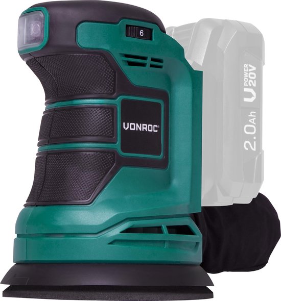 Groene Vonroc excentrische schuurmachine met zwarte details, verlichting en de 2.0Ah 20V accu.