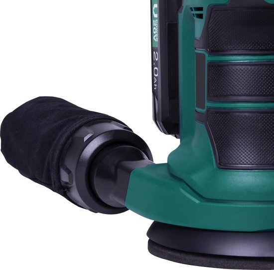 Detail van de stofzak en schuurpad van een groene Vonroc excentrische schuurmachine.