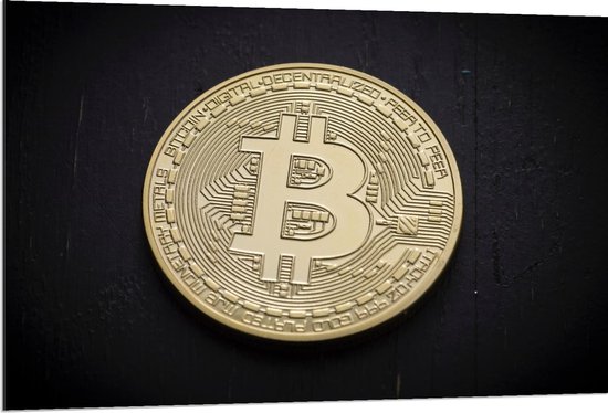 Dibond - Goude Bitcoin met Zwarte Achtergrond - 120x80cm Foto op Aluminium (Met Ophangsysteem)